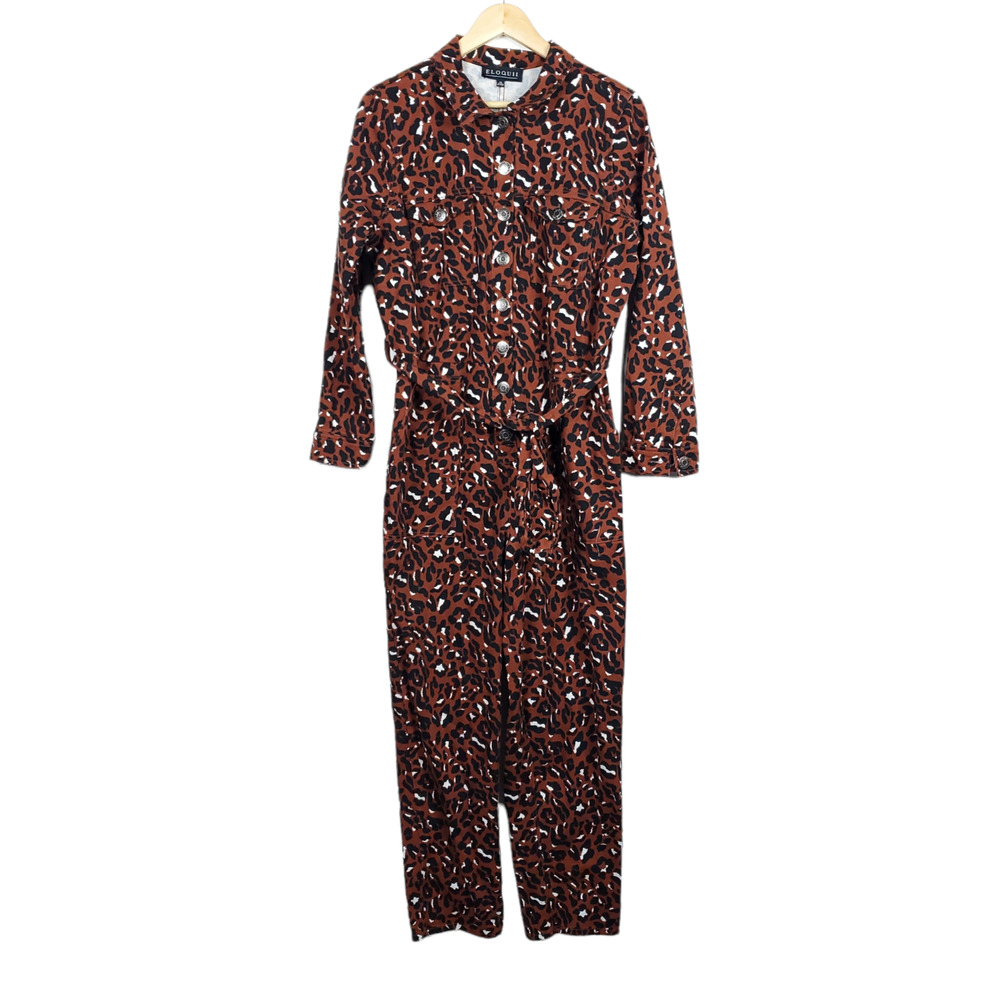 Eloquii Womens Jumpsuit 14 Leopard Animal Print Denim Long Sleeves Straight Leg